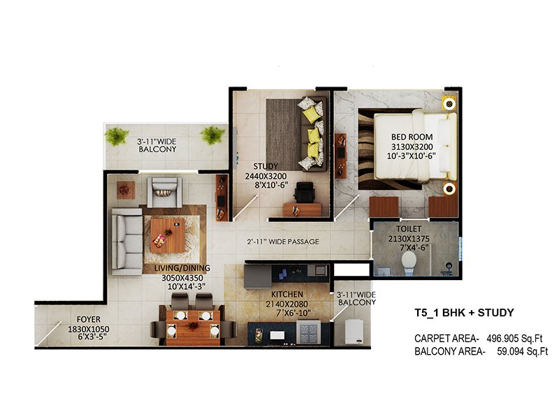 Signature Global the Millennia 1BHK + Study Type 5 Floor Plan