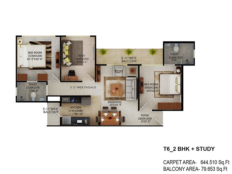 Signature Global the Millennia 2BHK +Study Type 6 Floor Plan