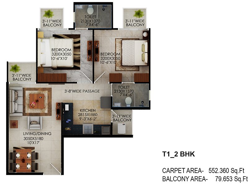 Signature Global the Millennia 2BHK Type 1 Floor Plan