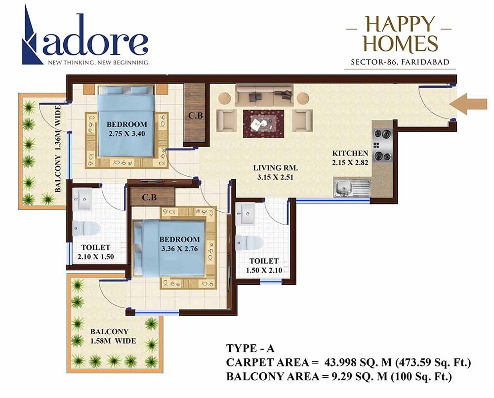 Adore Happy Homes 2bhk 573sq.ft Floor Plan