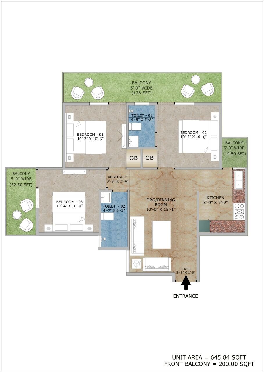 Adore Happy Homes 3bhk 845sq.ft Floor Plan