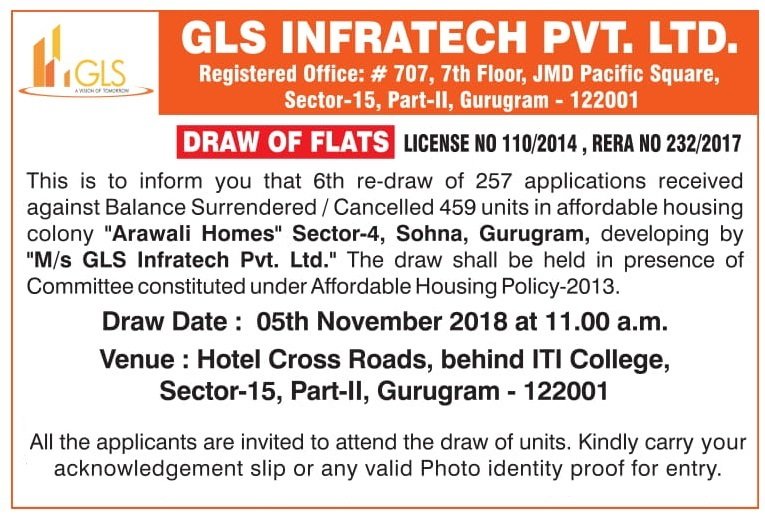 GLS Arawali Homes Sector 4 Sohna south of Gurugram Draw Date 5th November 2018