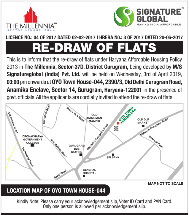 Signature Global the Millennia Draw Date sector 37d Gurgaon 3rd April 2019