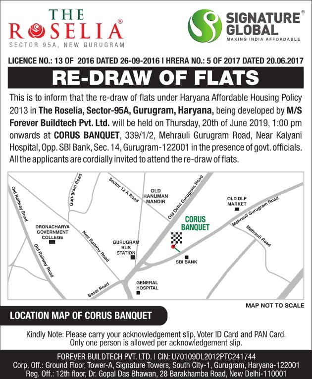 Signature Global The Roselia Sector 95A Gurgaon Re Draw flats Date 20th June 2019