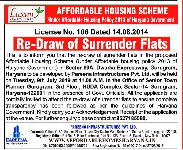 Pareena Laxmi Apartments Sector 99A Gurgaon Re-Draw Date 9th July 2019