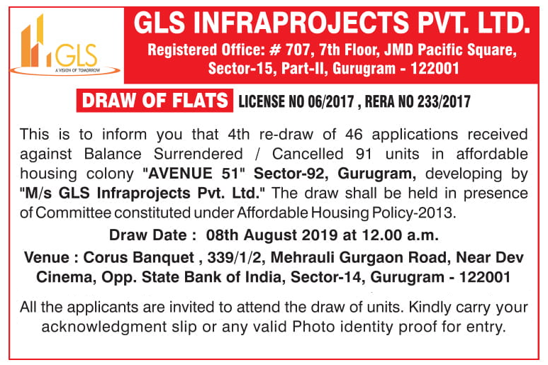 GLS Avenue 51 Sector 92 Gurgaon Draw Date 08th August 2019