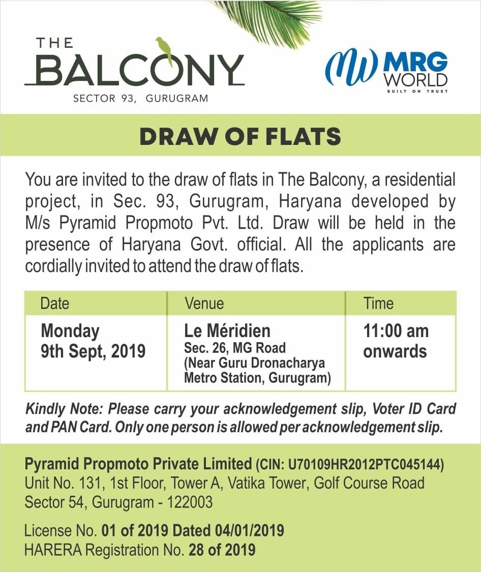 MRG World The Balcony Sector 93 Gurgaon Draw Date