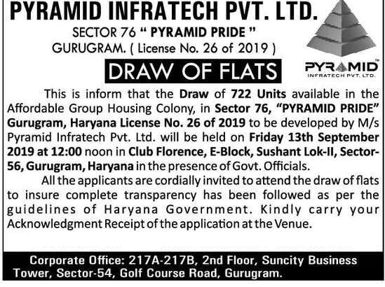 Pyramid Pride Sector 76 Gurgaon Draw Date 13th September 2019