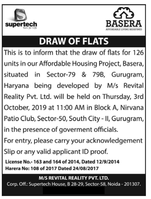 Supertech Basera Sector 79 Gurgaon Draw Date 3rd October 2019