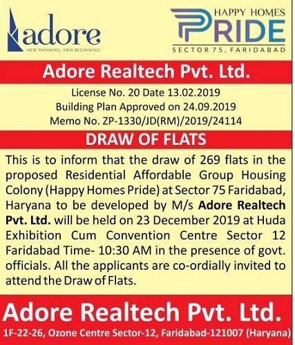 Adore Happy Homes Pride Sector 75 Faridabad Draw Date 23rd December 2019