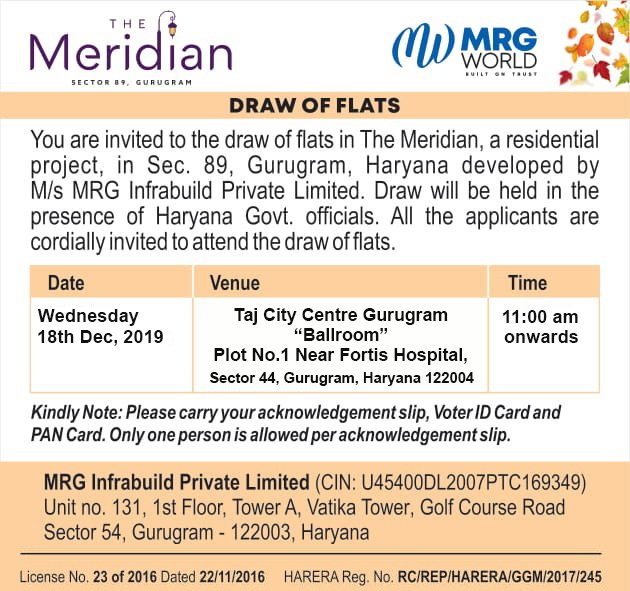 MRG World The Meridian Sector 89 Gurgaon Draw Date 18th December 2019