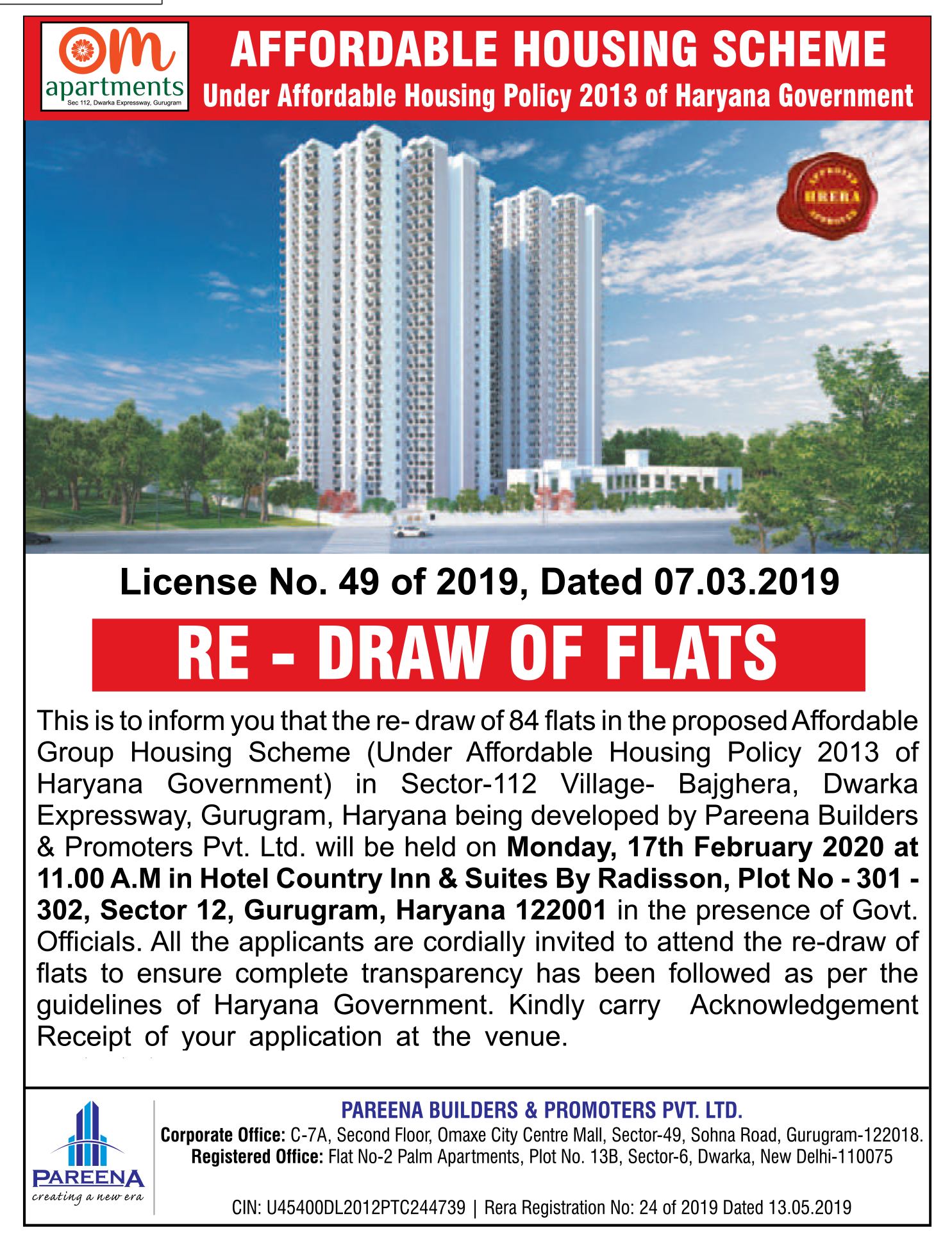 Pareena Om Apartments Sector 112 Gurgaon Draw Date 17th February 2020